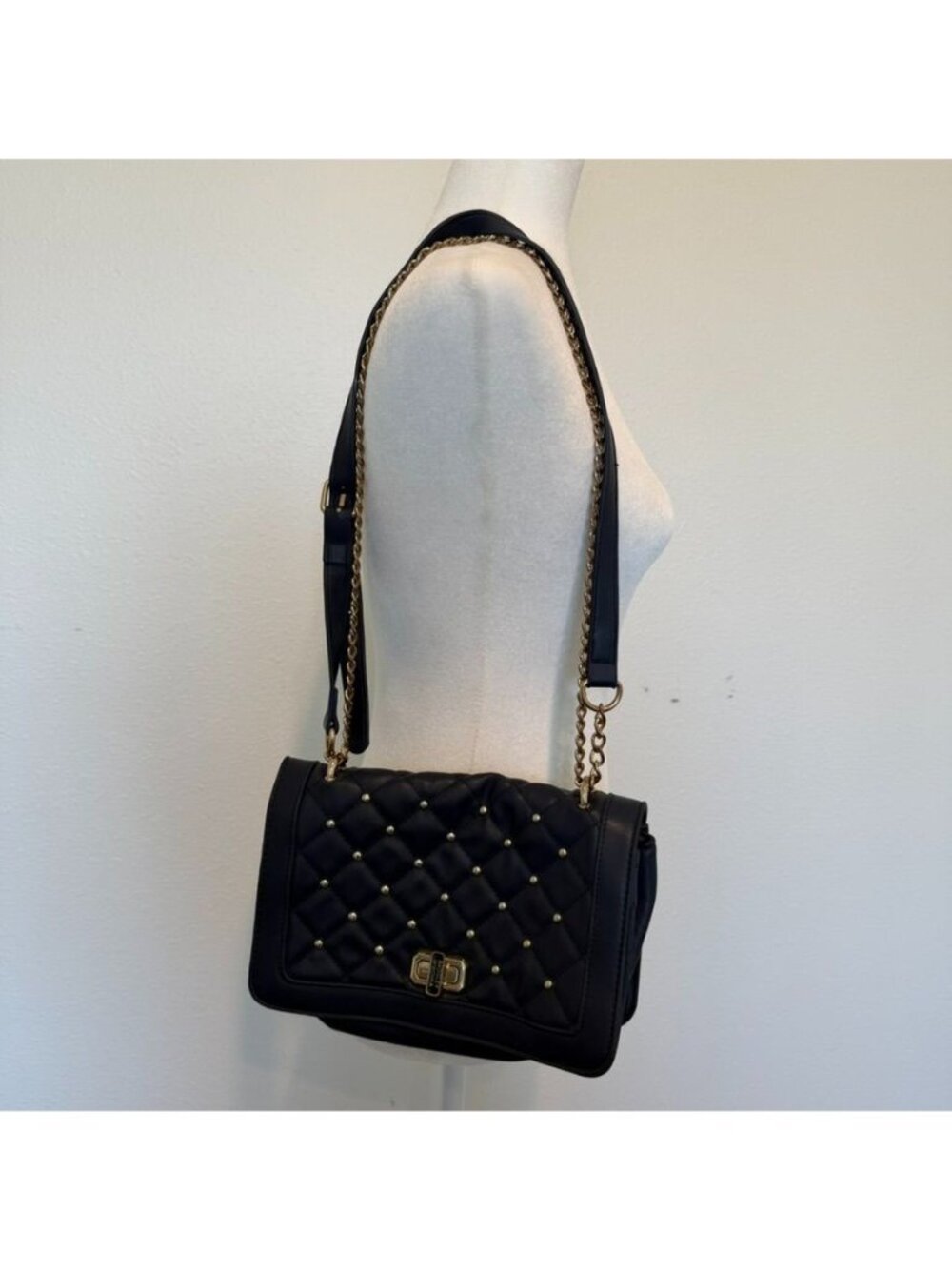 Badgley Mischka Navy Blue Vegan Leather Studded Quilted Crossbody Bag
